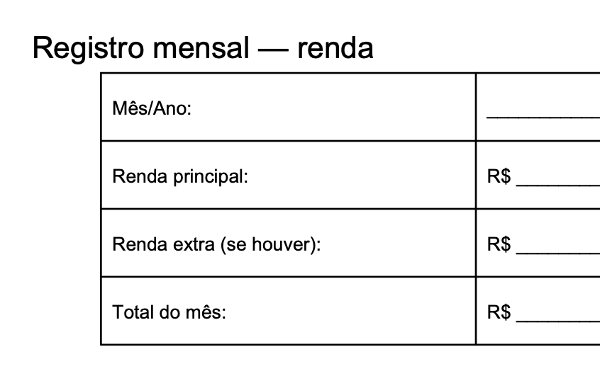 Registro mensal de renda